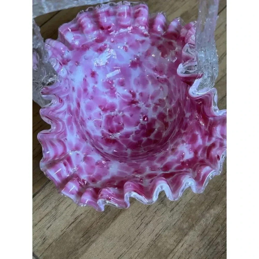 Steven And Williams Victorian Spangled Rose Art Glass Ruffled Basket Mica Thorn